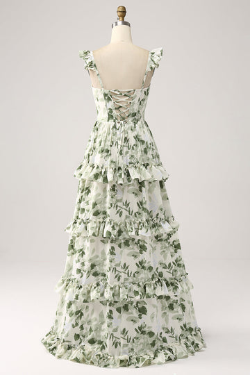 Green A-Line Spaghetti Straps Print Tiered Long Bridesmaid Dress With Slit
